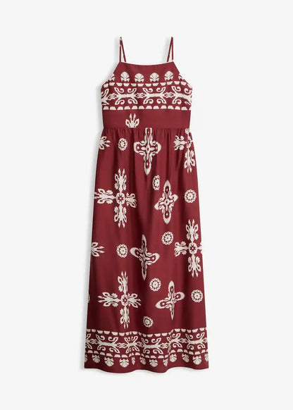 Dames maxijurk met ethnoprint en spaghettibandjes vooraanzicht