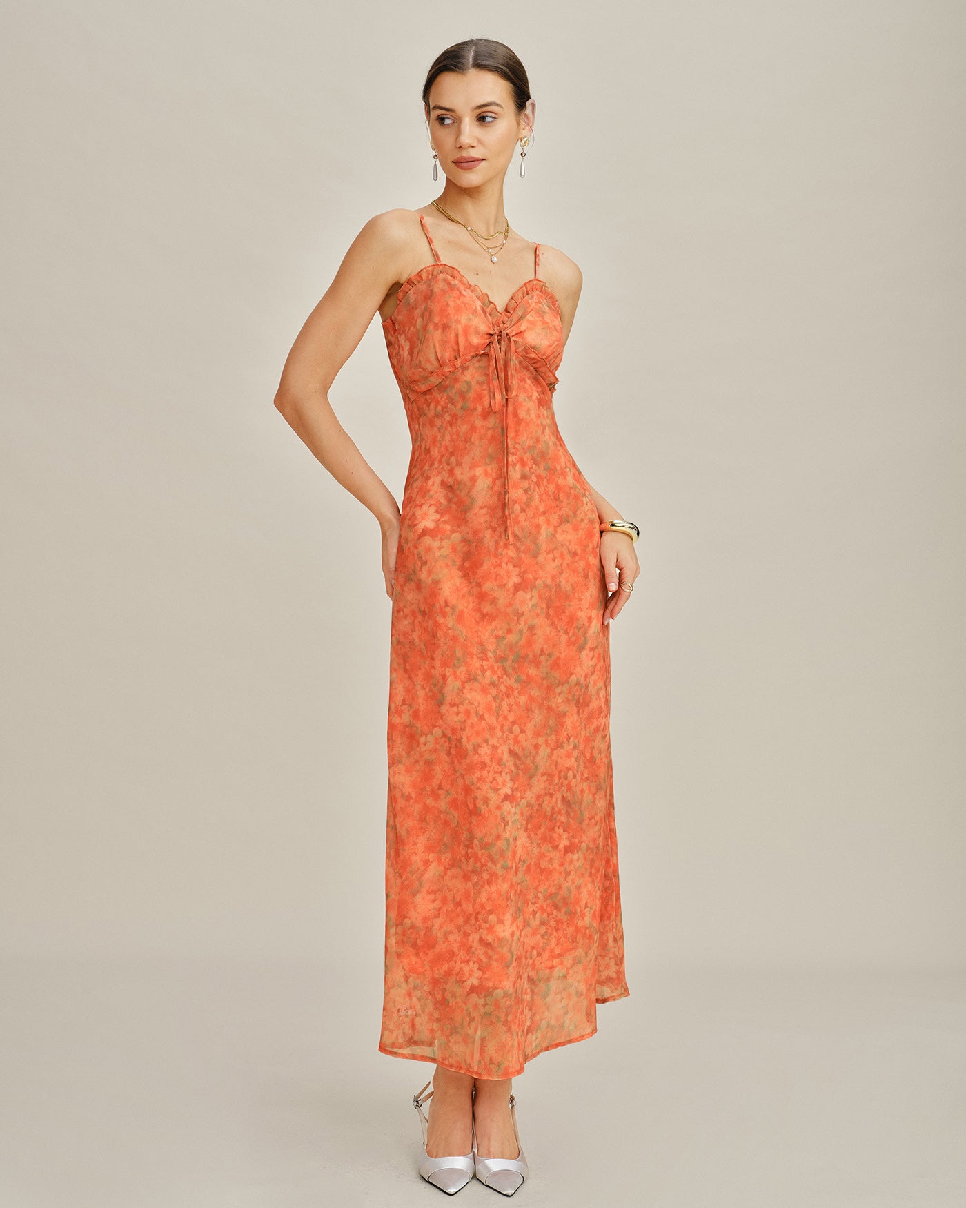 Dames Maxi Jurk A-Lijn met Bloemenkant Oranje
