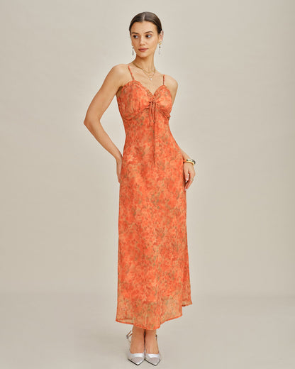 Dames Maxi Jurk A-Lijn met Bloemenkant Oranje