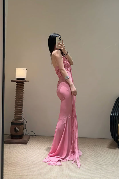 Vliegzaam Polyester Maxi Jurk met Spaghetti Bandjes en Open Rug