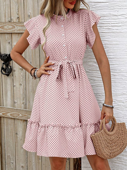 A-lijn geplooide polka dot mini-jurk met gebonden taille