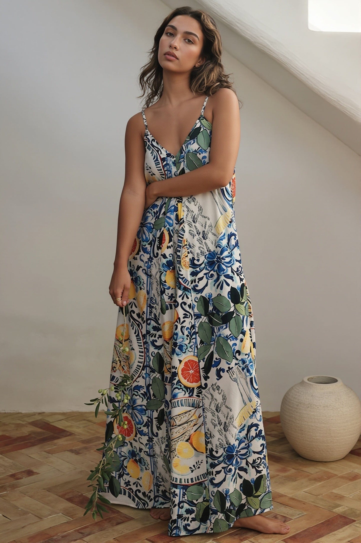 Model draagt dames maxi jurk met bladprint voor een zomerse look