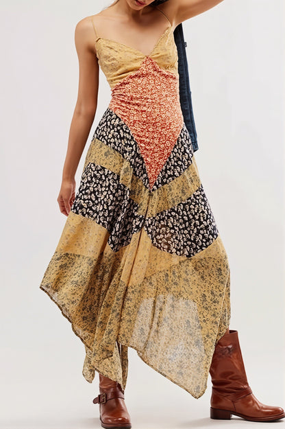 Dames maxi jurk met colourblock print en V-hals, vooraanzicht