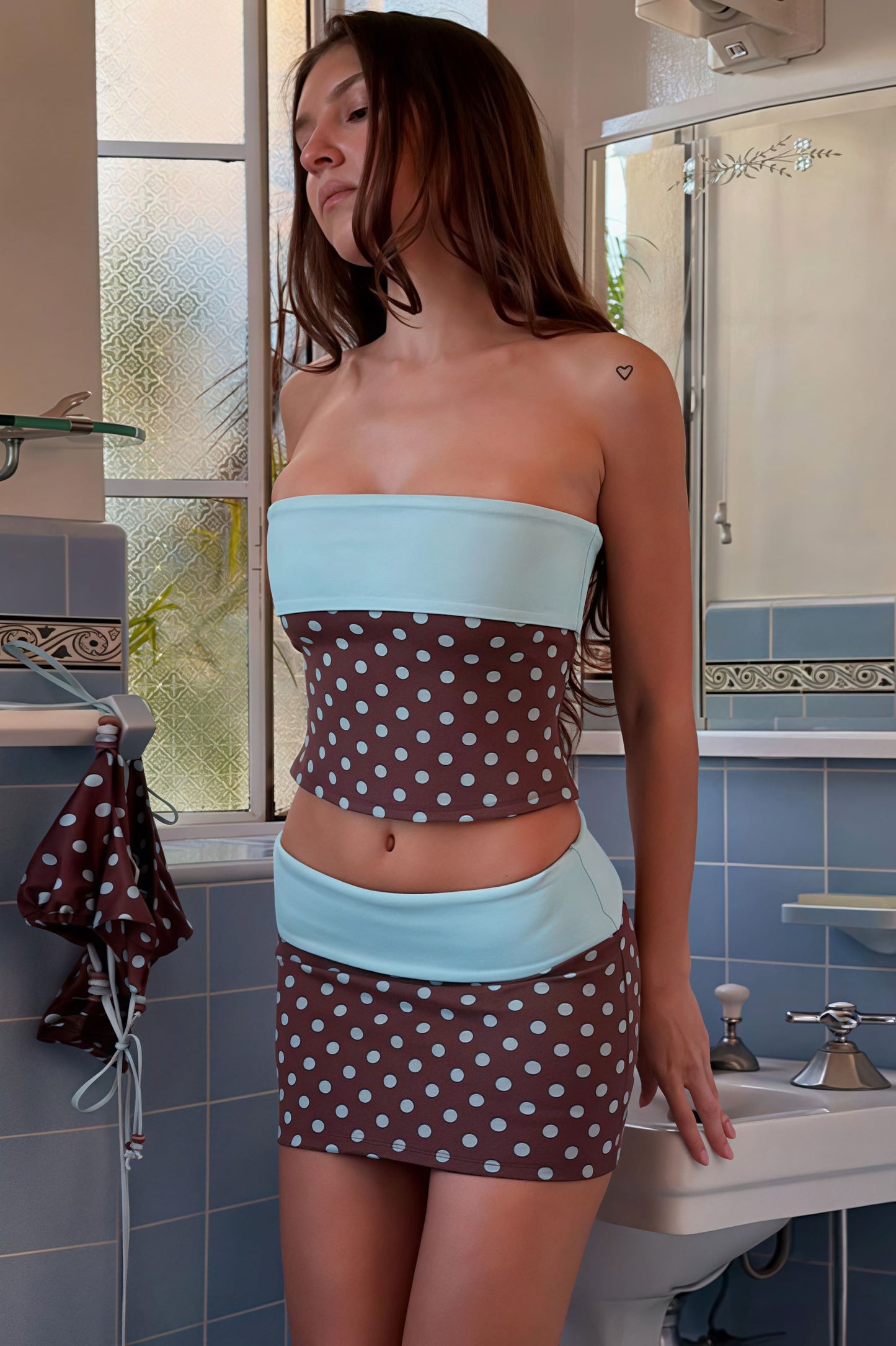 Polka Dot Colorblock Bodycon Rok Set Bruin