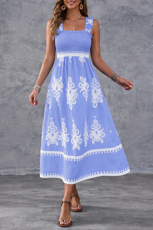 Maxi-jurk met geometrische print en gerimpelde taille
