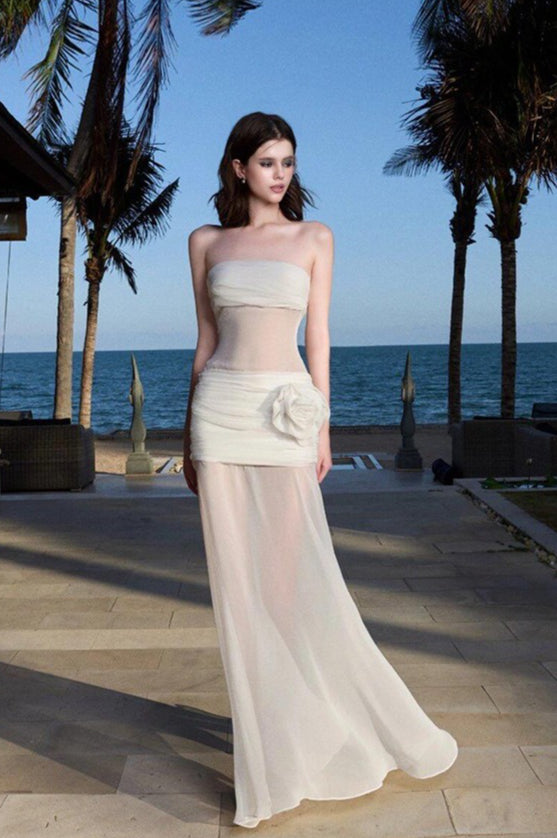 Witte Sheer Mesh Bandeau Maxi Jurk