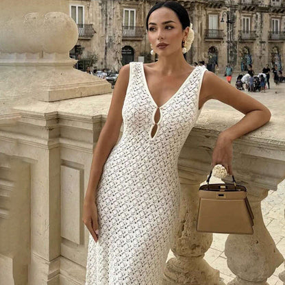 Gehaakte Maxi Jurk Met Open Rug Wit