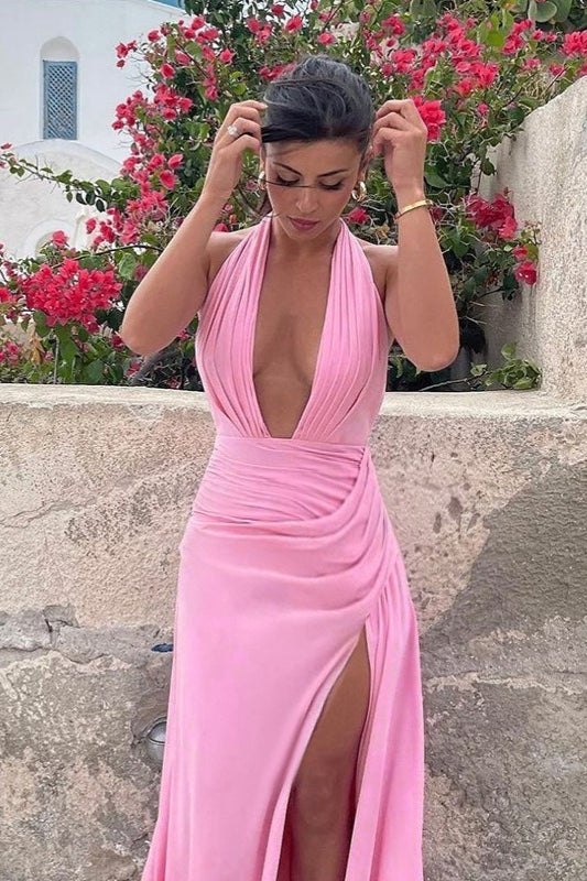 Halternek geplooide bodycon maxi-jurk met split