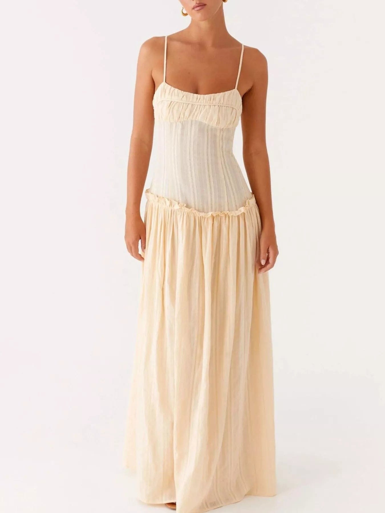 Maxi-jurk met smock en ruches en spaghetti bandjes
