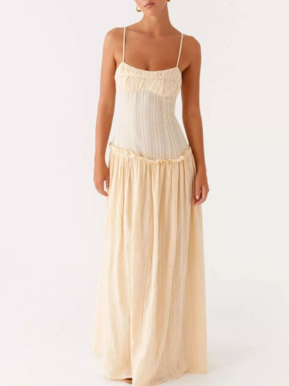 Maxi-jurk met smock en ruches en spaghetti bandjes
