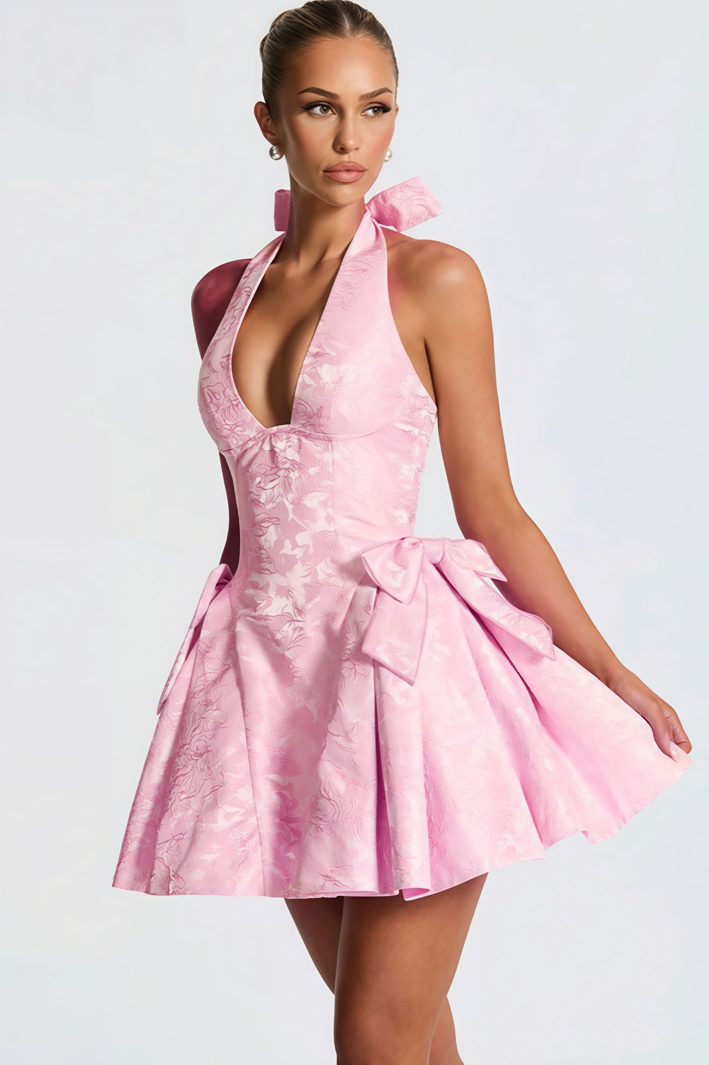 Jacquard halter mini-jurk met V-hals en strikje roze