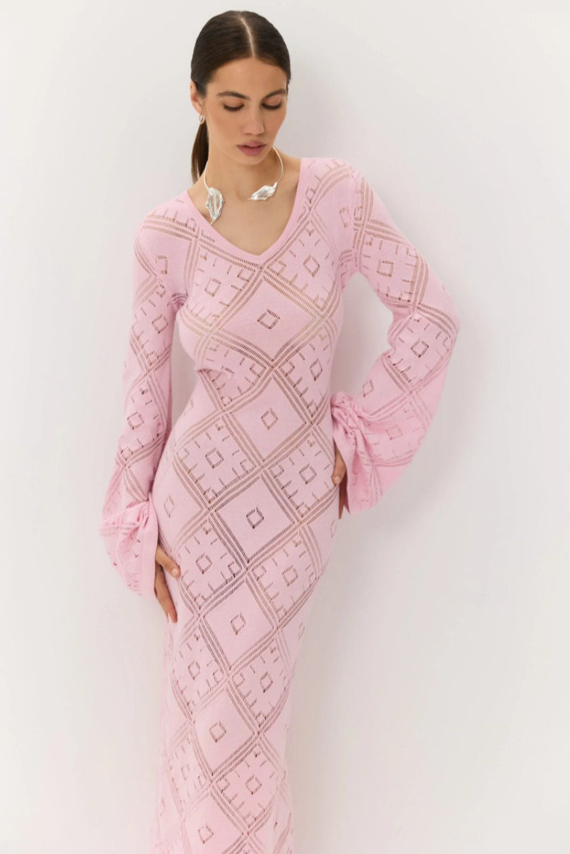 Gebreide Argyle Jacquard Maxi Jurk met Lange Mouwen