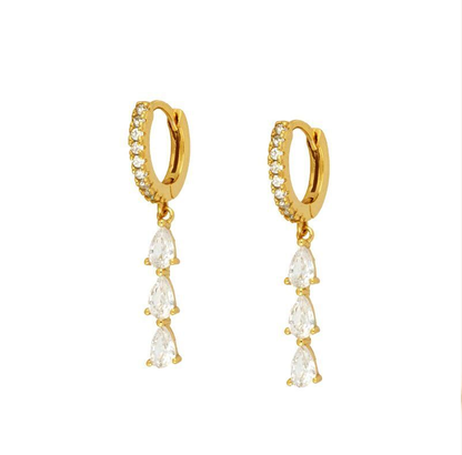 Close-up van zilveren damesoorbellen met ronde hoops en drop hangers