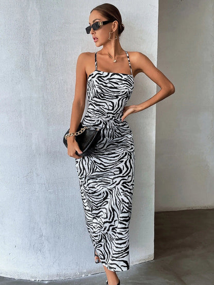 Midi-jurk met satijnen zebraprint zwart-wit