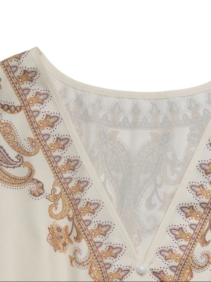 Bedrukt Jurk met Lange Mouwen en Taillekoord Beige