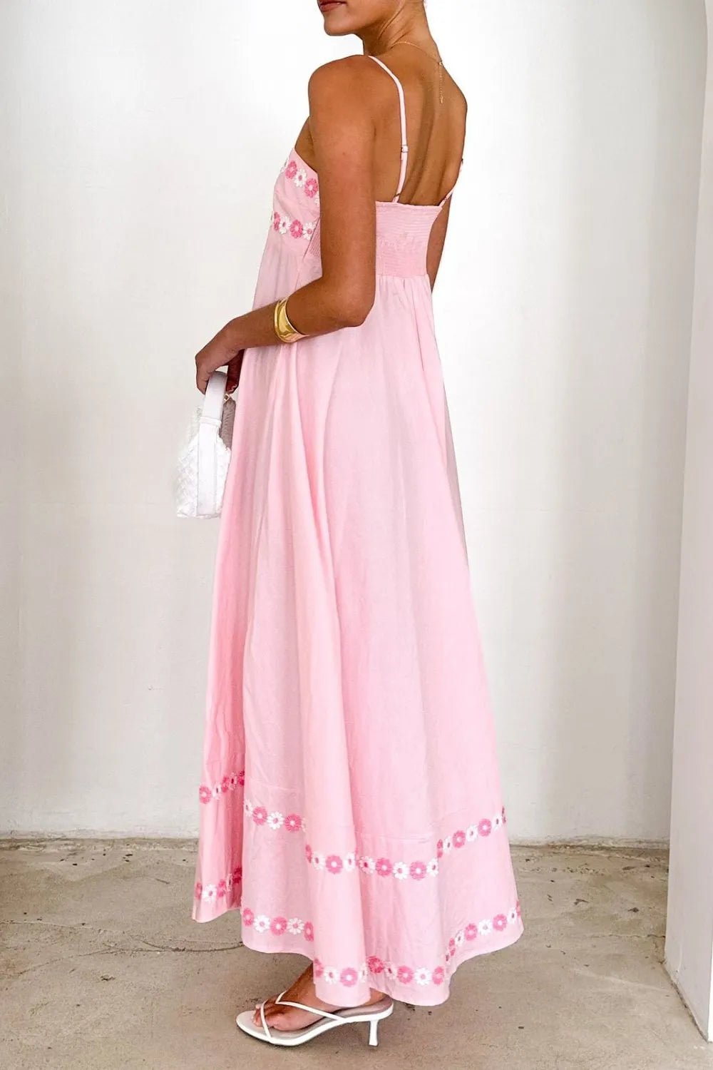 Maxi jurk met bloemenborduursel en spaghetti bandjes van polyester