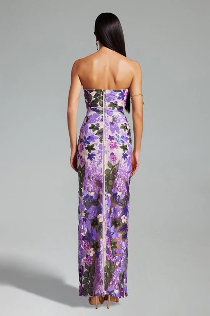 Geborduurde Pailletten Strapless Maxi Jurk zonder Rug Paars