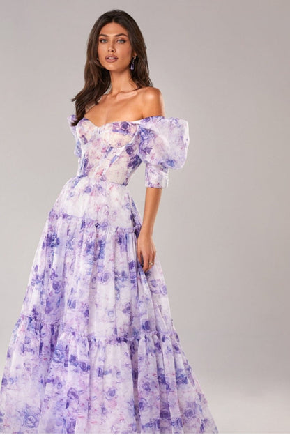 Maxi-jurk van organza met bloemenprint en blote schouders