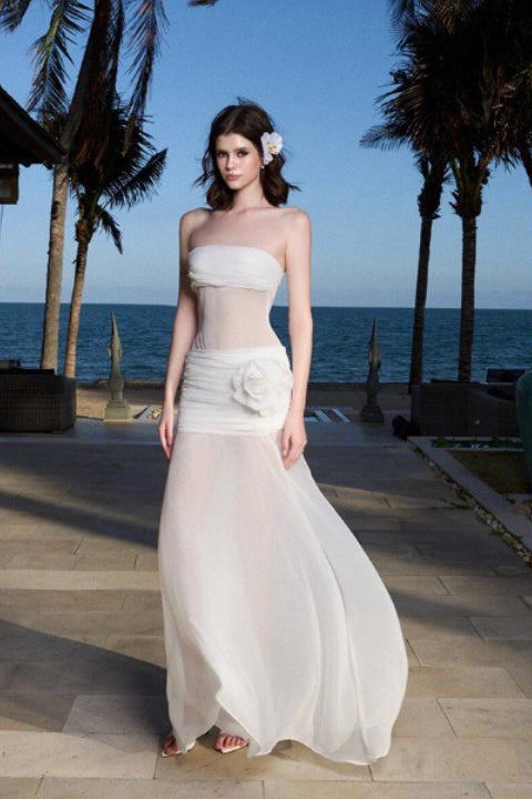 Witte Sheer Mesh Bandeau Maxi Jurk