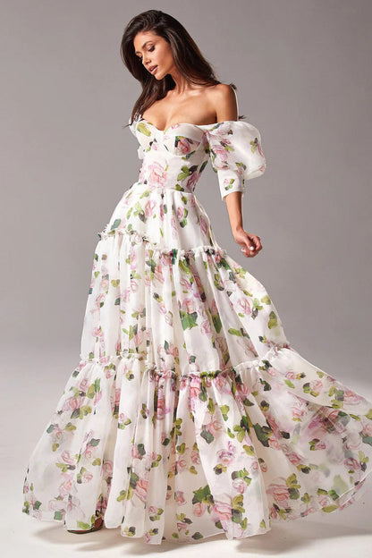 Maxi-jurk van organza met bloemenprint en blote schouders