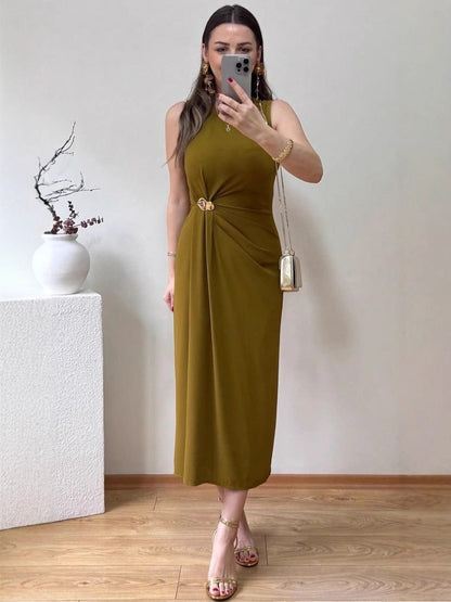 Mouwloze Maxi-Jurk van Polyblend met Hoge Split Olijfgroen