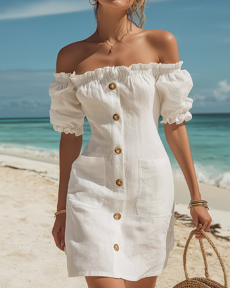 Dames shiftjurk met off-shoulder halslijn en pofmouwen voorkant