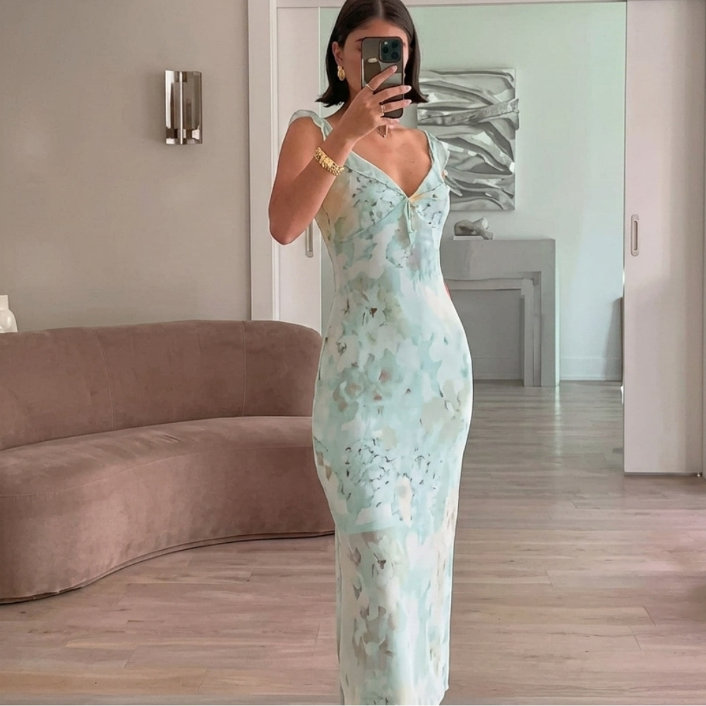 Dames maxi jurk met ruches en bloemenprint voor een avondfeest