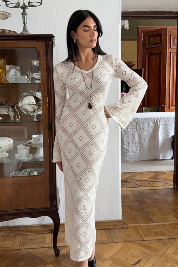 Gebreide Argyle Jacquard Maxi Jurk met Lange Mouwen
