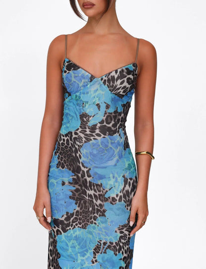 Maxi-jurk met bloemenprint, sweetheart halslijn en aansluitende pasvorm, blauw