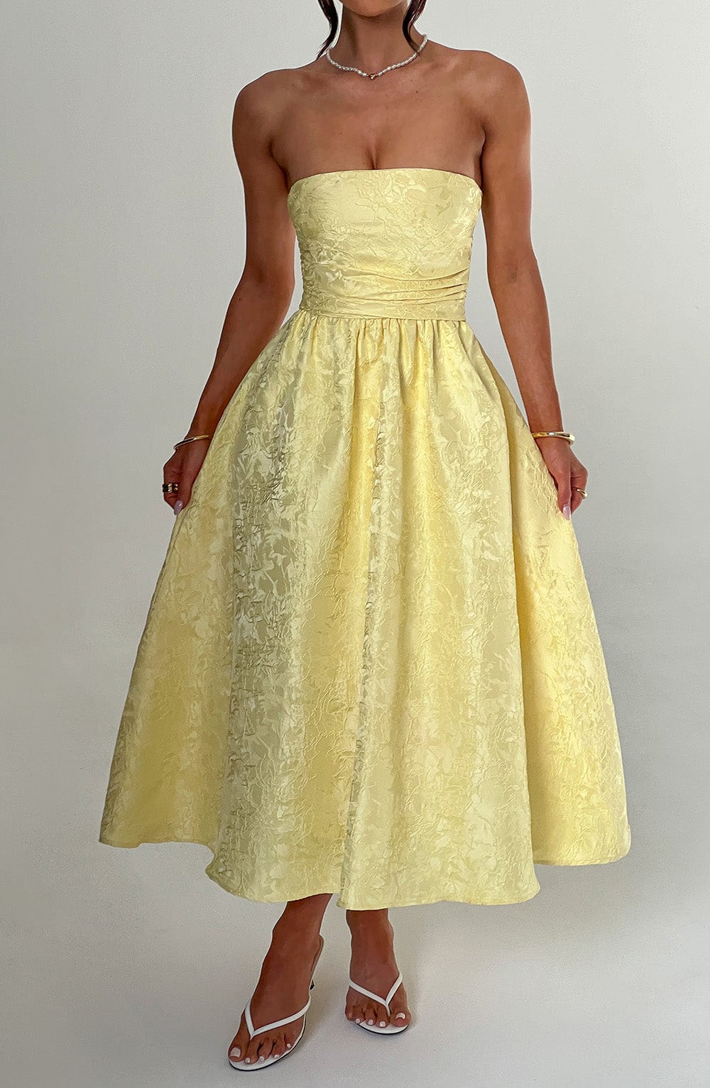 Bloemenjacquard Strapless Plissé Midi-jurk Citroen