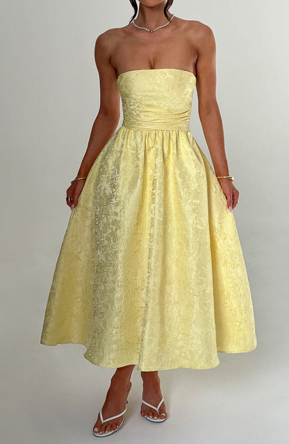 Bloemenjacquard Strapless Plissé Midi-jurk Citroen