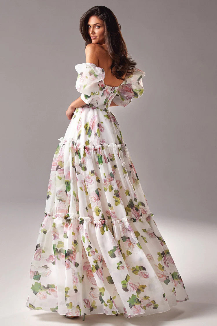 Maxi-jurk van organza met bloemenprint en blote schouders