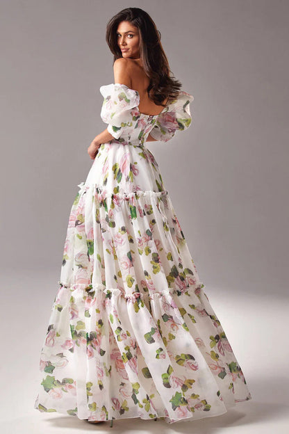 Maxi-jurk van organza met bloemenprint en blote schouders