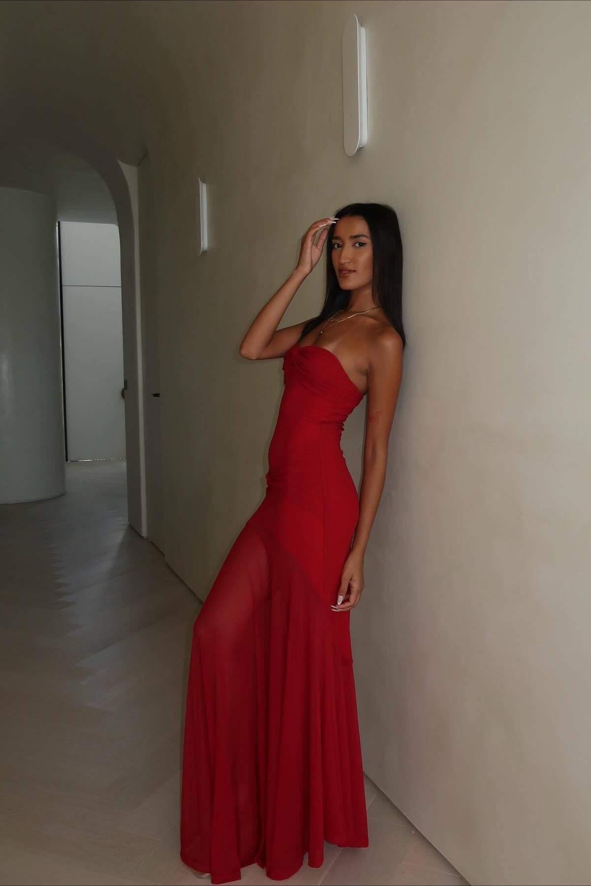Mesh Patchwork Strapless Shirred Backless Bodycon Maxi Jurk