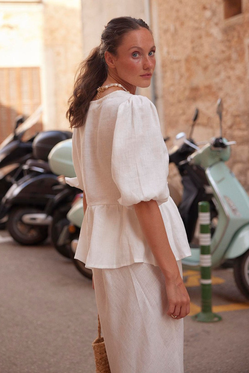 Set van katoen shirt met pofmouwen en rok wit
