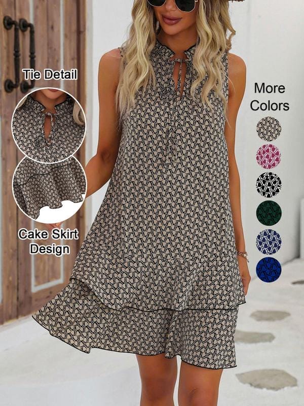 Dames midi jurk met geometrische print en strikdetail voorkant