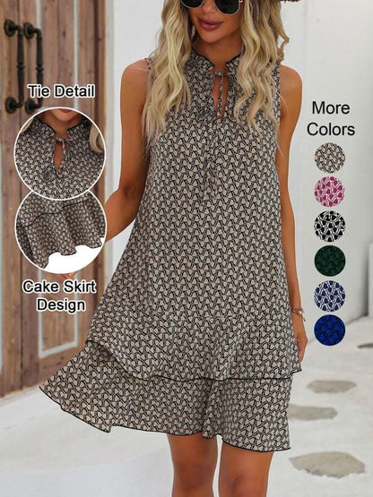 Dames midi jurk met geometrische print en strikdetail voorkant