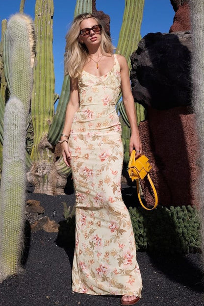 Maxi Jurk met Bloemenprint, Split en Cami, Abrikoos