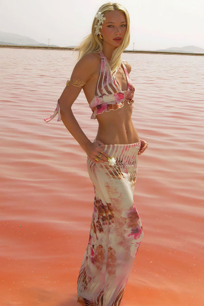 Halternek Maxi Rok Set met Bloemenprint Roze