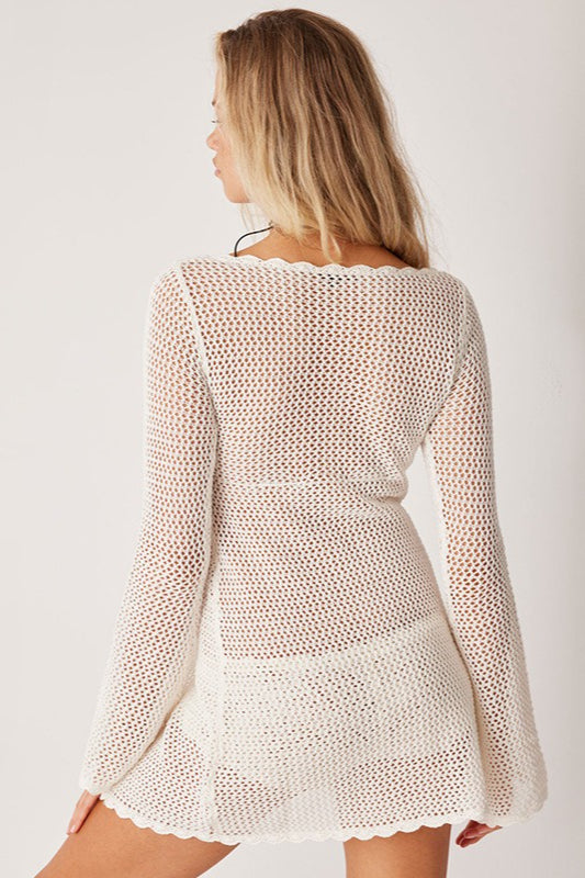 V-hals gebreide blouse met opengewerkt patroon en slanke pasvorm