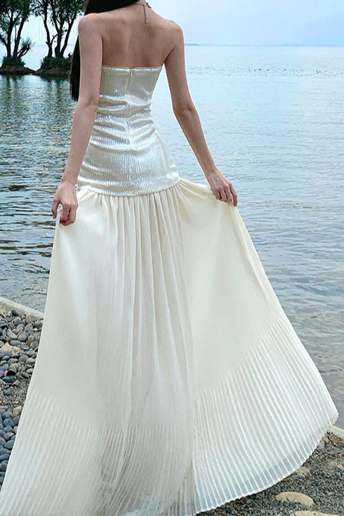 Witte Strapless Maxi-jurk met Pailletten Patchwork en Losse Pasvorm