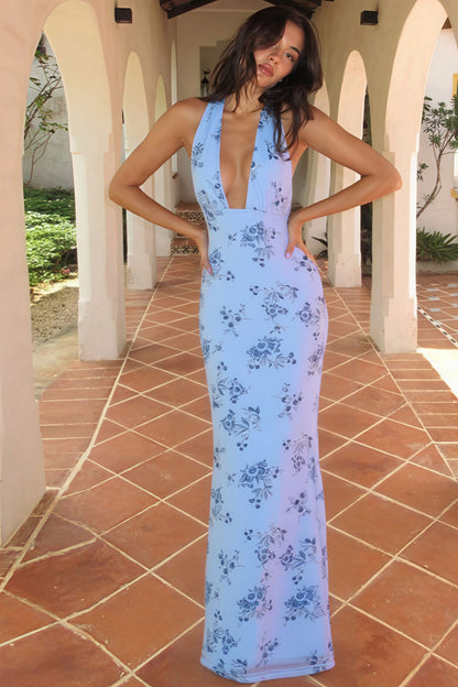 Maxi-jurk met bloemenprint, open rug en strik, blauw