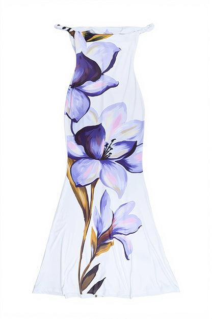 Detail van de print en twist bandjes van de dames maxi jurk