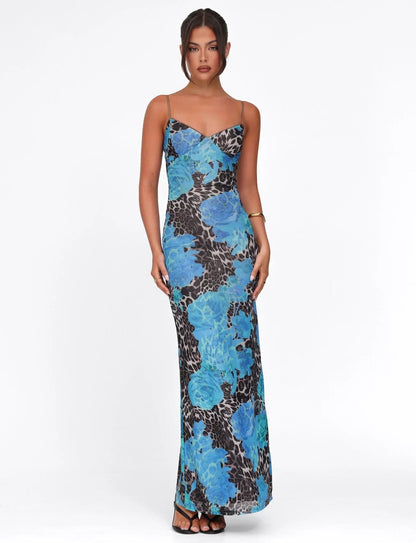 Maxi-jurk met bloemenprint, sweetheart halslijn en aansluitende pasvorm, blauw
