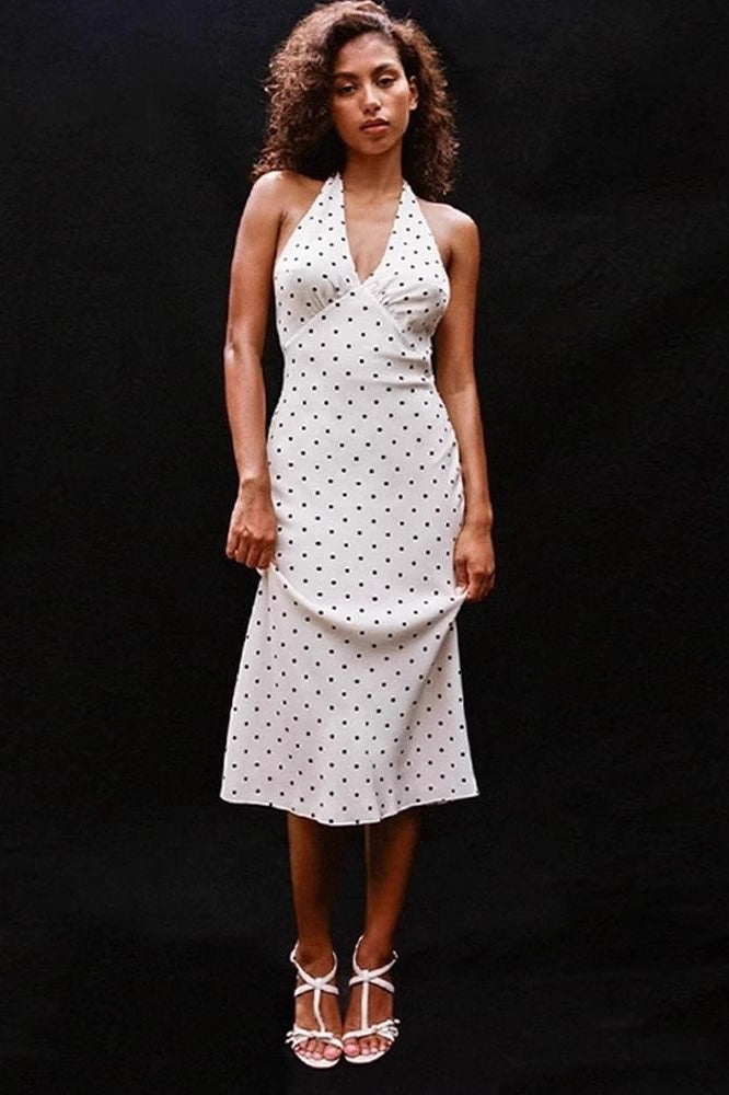 Witte polkadot halterjurk met V-hals en midi-lengte