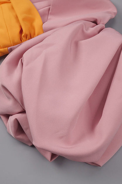 Midijurk met kleurvlakken en ballonmouwen roze oranje