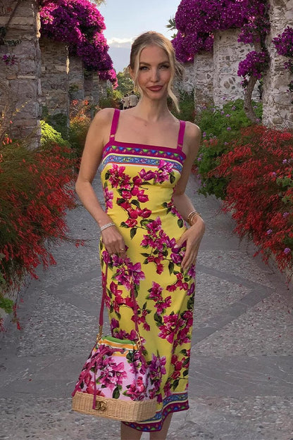 Slim Fit Midi Jurk met Etnische Print en Overslag Geel