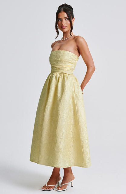 Bloemenjacquard Strapless Plissé Midi-jurk Citroen