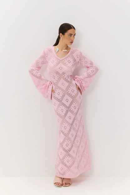 Gebreide Argyle Jacquard Maxi Jurk met Lange Mouwen
