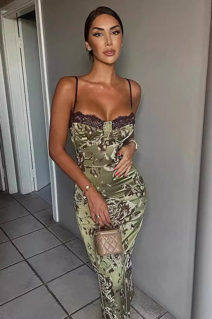 Color block kanten print strakke maxi jurk groen